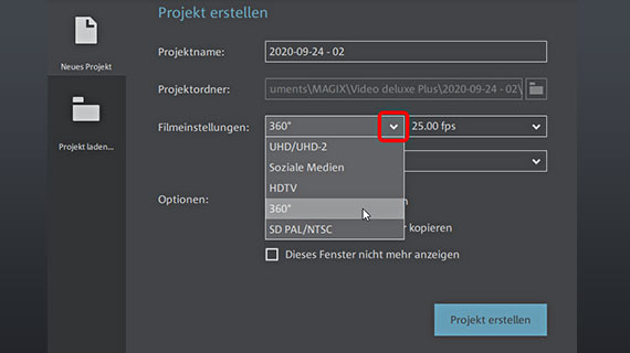 Startdialog mit 360-Grad-Video-Auswahl 360-Grad-Videoprojekt im Startdialog anlegen