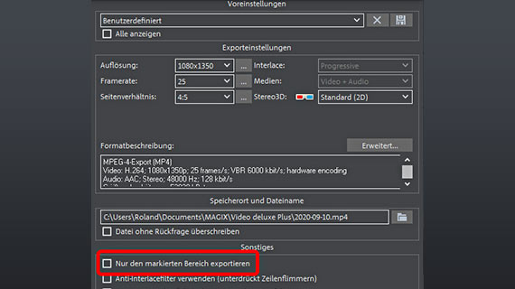 MP4-Dateiexport mit optionaler Bereichsausgabe Videodatei im MP4-Format exportieren