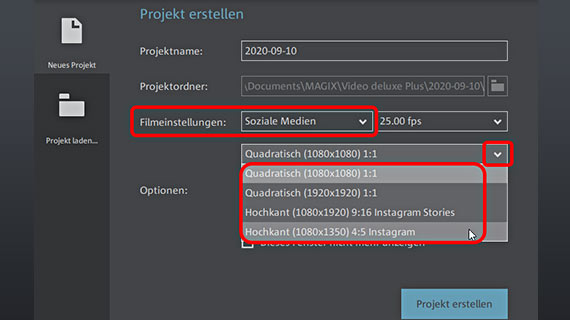 Startdialog mit Instagram-Projektvorlagen Videoprojekt für Instagram anlegen
