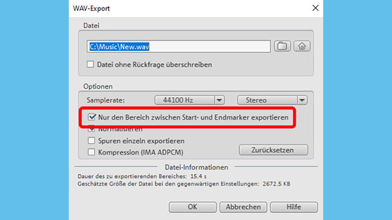 Loop exportieren Abspielbereich über das Datei-Menü als WAV-Datei exportieren