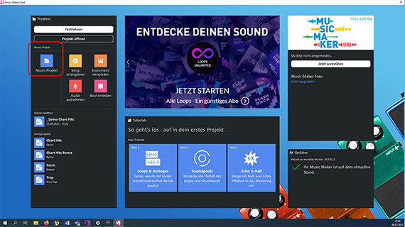 Projekt anlegen Neues Projekt im Startdialog erstellen