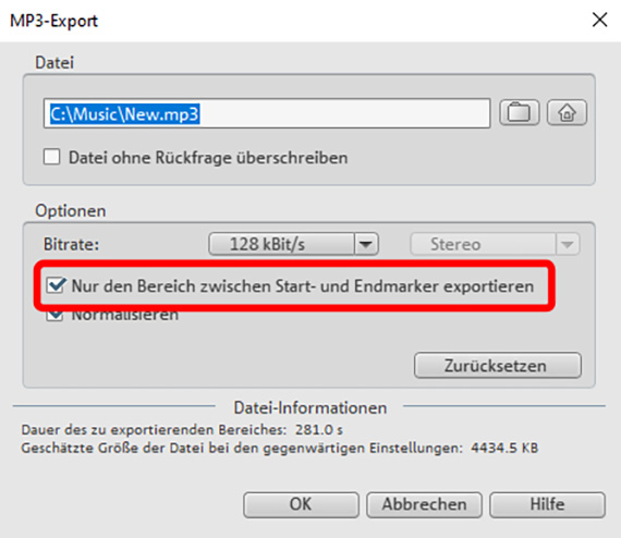 Bereichsexport im M3-Exportdialog MP3 exportieren